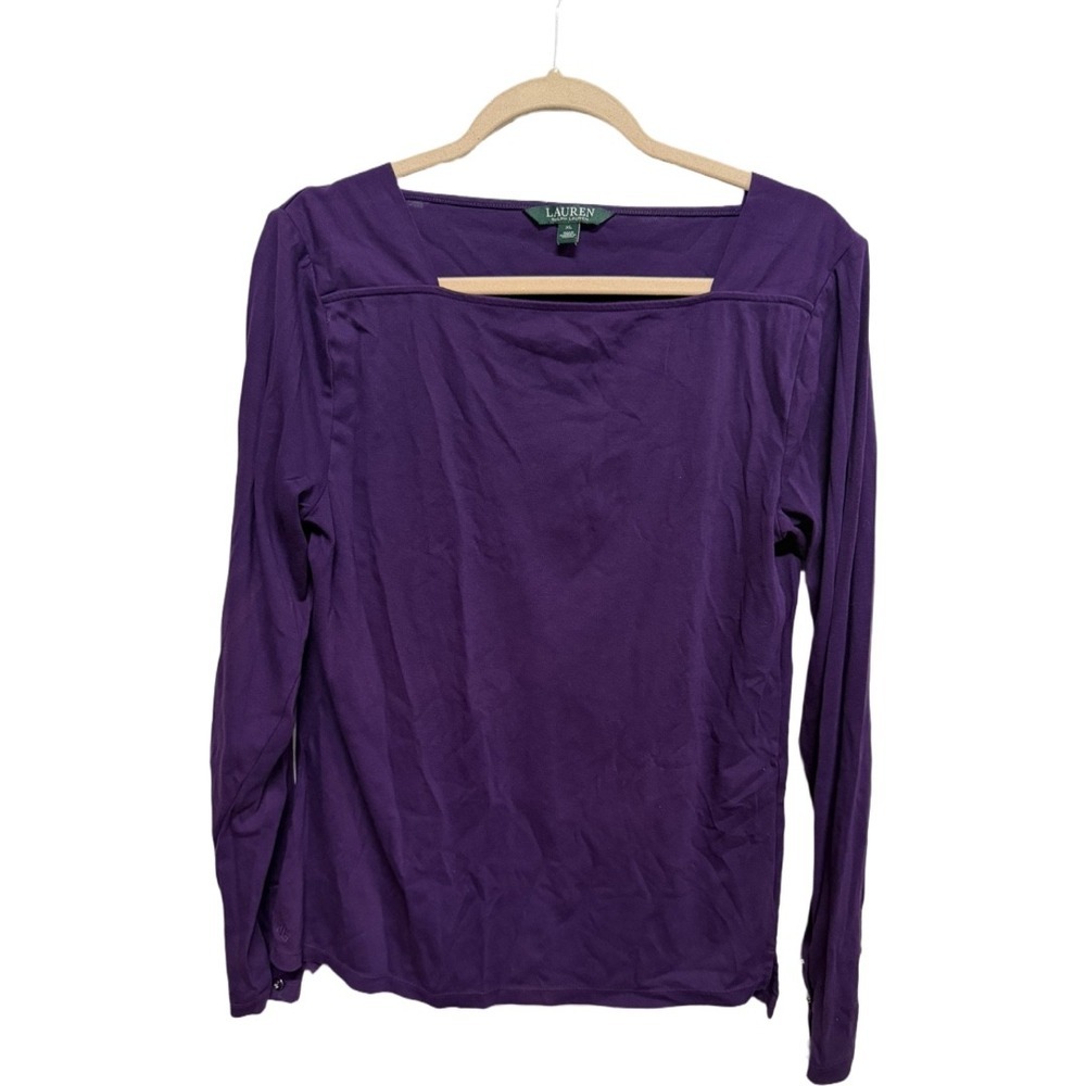 Lauren Ralph Lauren Purple Square Neck Top XL Long Sleeve Stretch Cotton Shirt